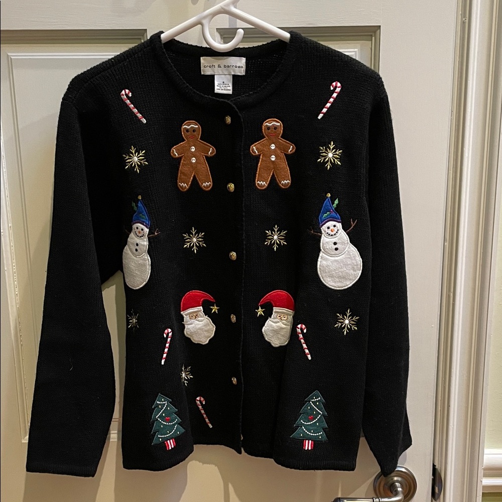 Croft & Barrow Black Cardigan Christmas Sweater with Festive Embroidery